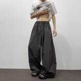 纯色抽绳阔腿休闲裤男春夏新款松紧高腰宽松拖地工装长裤K8046P50，男装休闲裤，星座1013-2