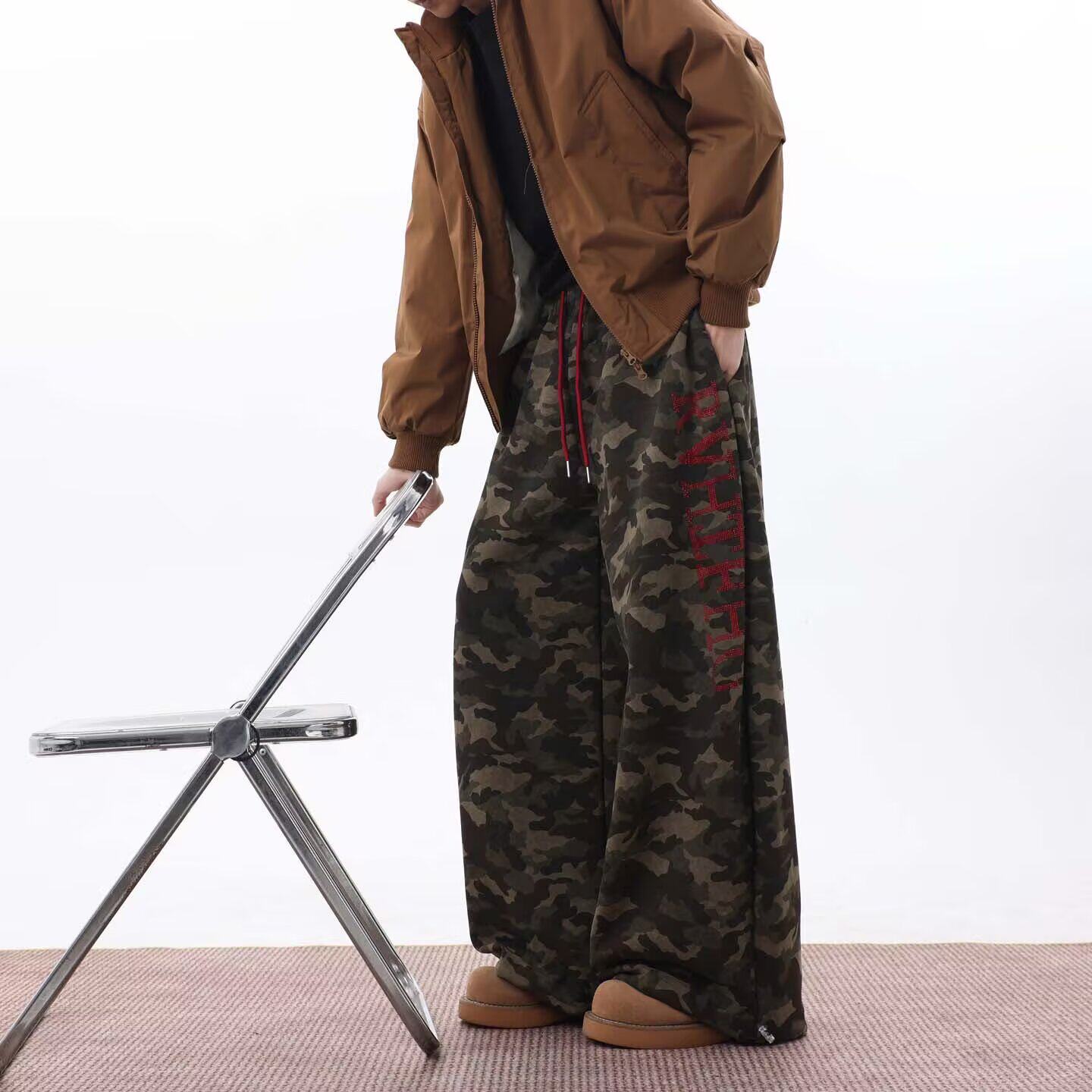 迷彩高腰工装阔腿牛仔裤女新款胖mm宽松显瘦遮肉直筒裤子K8092P55，女装休闲裤，星座1013-2