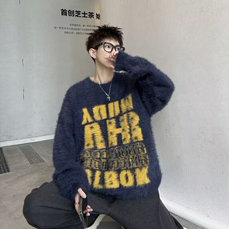秋冬美式复古宽松潮牌字母提花海马毛情侣针织衫毛衣男M6526P60图片
