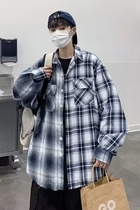 春秋街头拼接长袖格子衬衫男设计感小众毛边潮牌情侣衬衣CS39P45,亚麻衬衣男生穿搭图图片