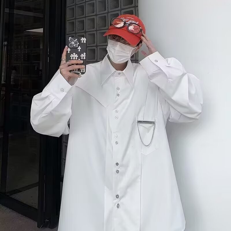 小众翻领设计感衬衫男士休闲宽松高级链条衬衣男长袖潮流CS35P35，男装衬衫，星座1013-2