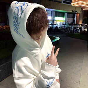 高街北极星星字母刺绣连帽卫衣男秋冬季重磅纯棉帽衫上衣W314P45