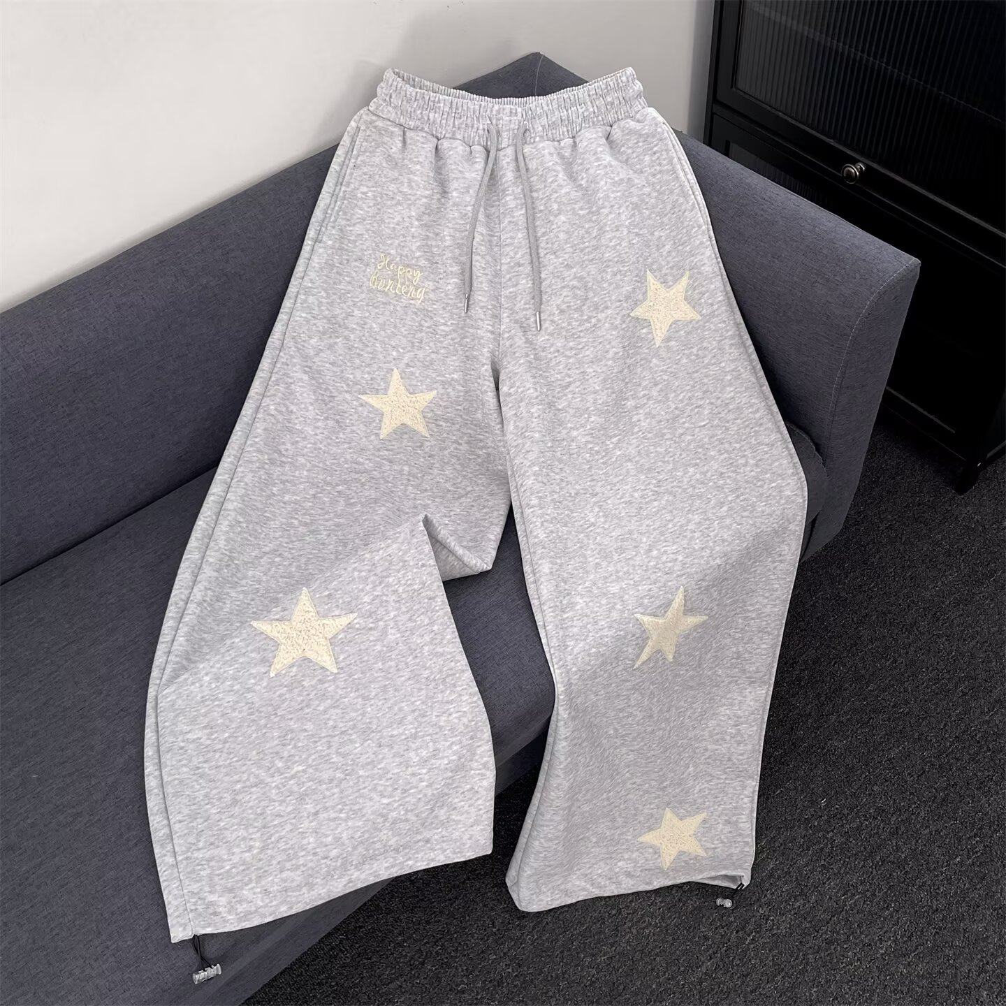 秋冬星星印花休闲裤女美式复古高街设计感百搭直筒阔腿裤K8085P55，女装休闲裤，星座1013-2