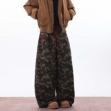 迷彩高腰工装阔腿牛仔裤女新款胖mm宽松显瘦遮肉直筒裤子K8092P55，女装休闲裤，星座1013-2