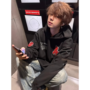 潮AR刺绣卫衣灰白重磅银狐绒立挺美式连帽宽松上衣男女W307P45图片