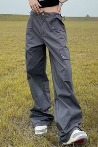 美式复古伞兵工装裤女夏季直筒宽松高腰多口袋休闲长裤子 K936P48图片