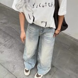 街头浅色做旧抓痕水洗牛仔裤大码女复古直拖地筒阔腿裤潮NK728P55，女装牛仔裤，星座1013-2