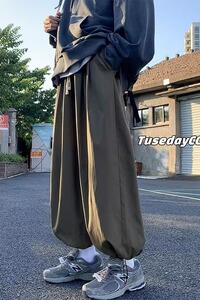 阔腿长裤男春秋季抽绳束脚长裤宽松潮流高街ins潮牌百搭裤K708P35,男人黑色帽子搭配什么衣服图片