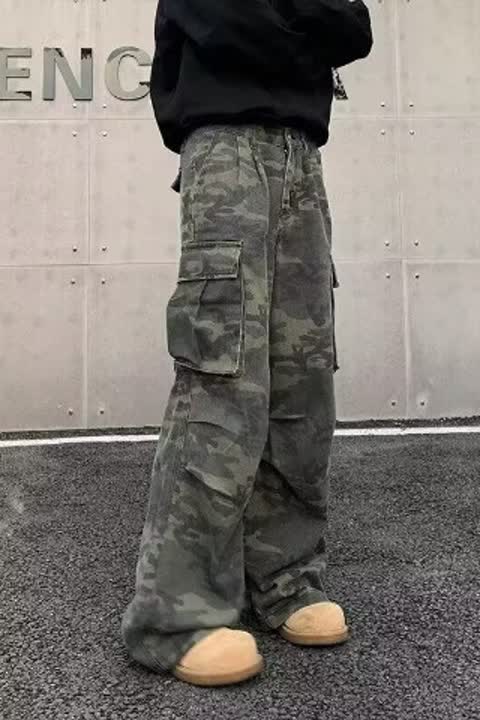 美式复古多口袋阔腿迷彩裤子男潮牌宽松直筒街舞工装长裤NK719P55图片