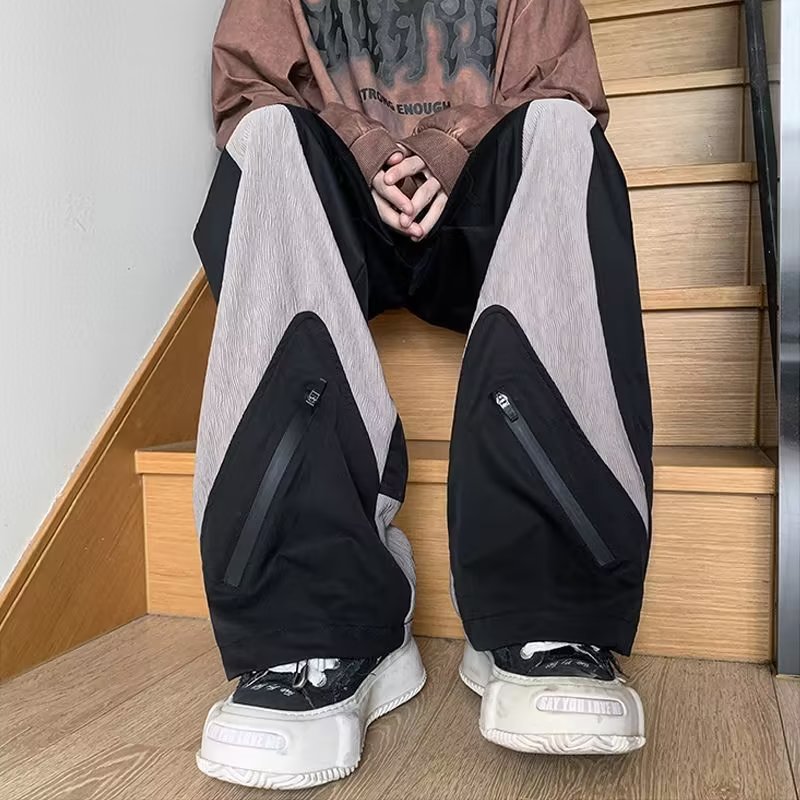 潮牌欧美街头裤子男春秋季美式高街宽松街舞滑板裤拼色直筒休闲裤图片