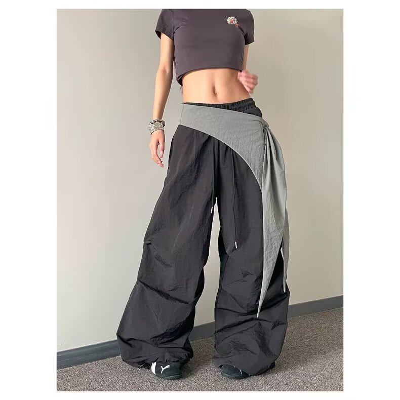 纯色抽绳束脚阔腿休闲裤女春夏松紧高腰宽松拖地工装长裤K8034P55，女装休闲裤，星座1013-2