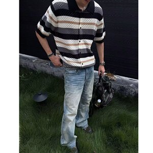 镂空条纹设计感针织短袖开衫男女夏季新贵老钱风正肩上衣T635P48图片