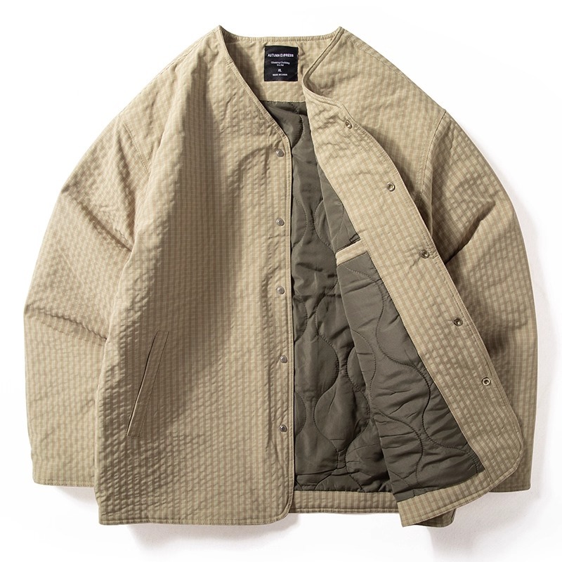 秋季男士格纹棉衣无领防水棉服日系宽松外套青年休闲款MY332P90，男装棉衣，星座1013-2