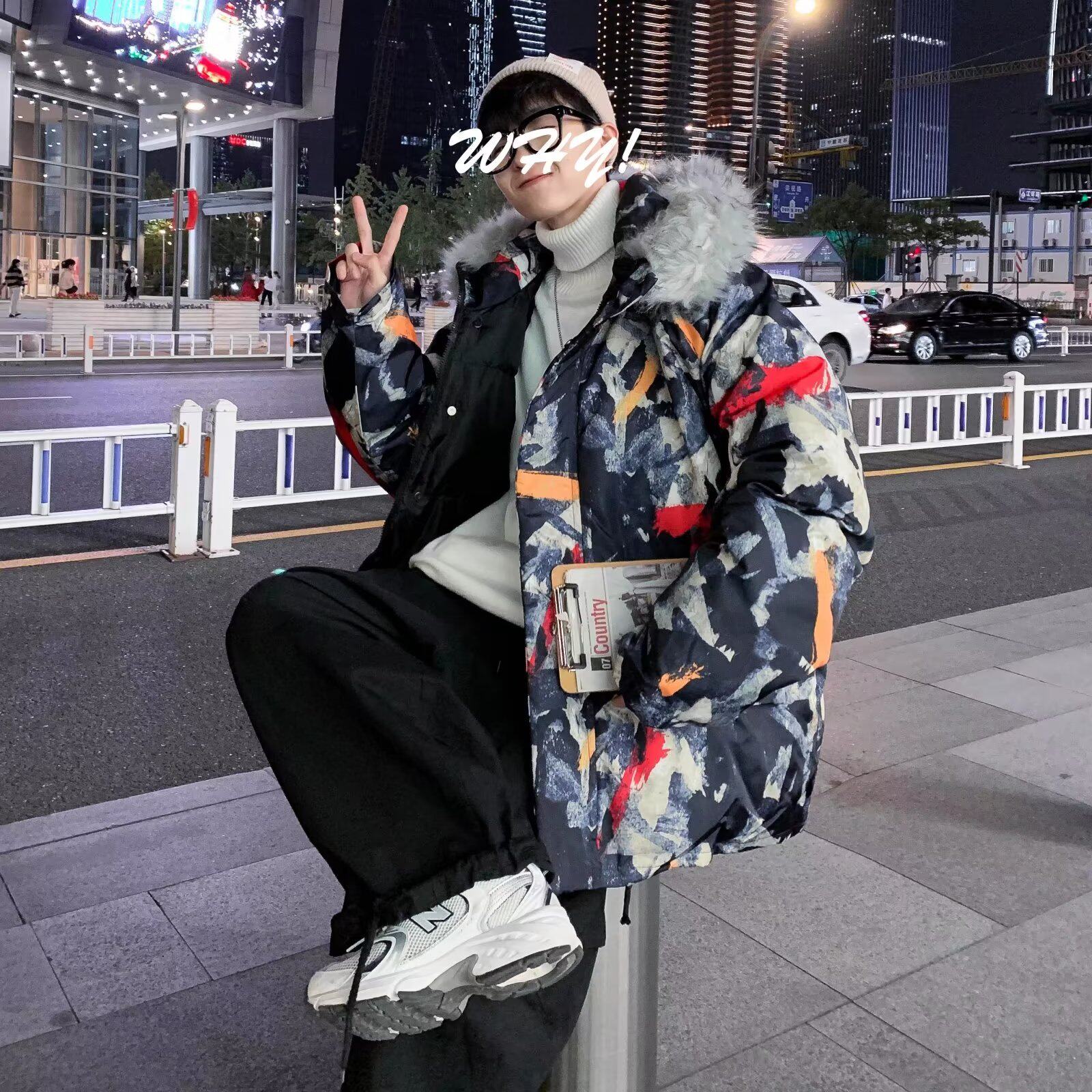 冬款青少年港风男士棉衣外套毛领连帽宽松休闲迷彩棉服 MY07图片
