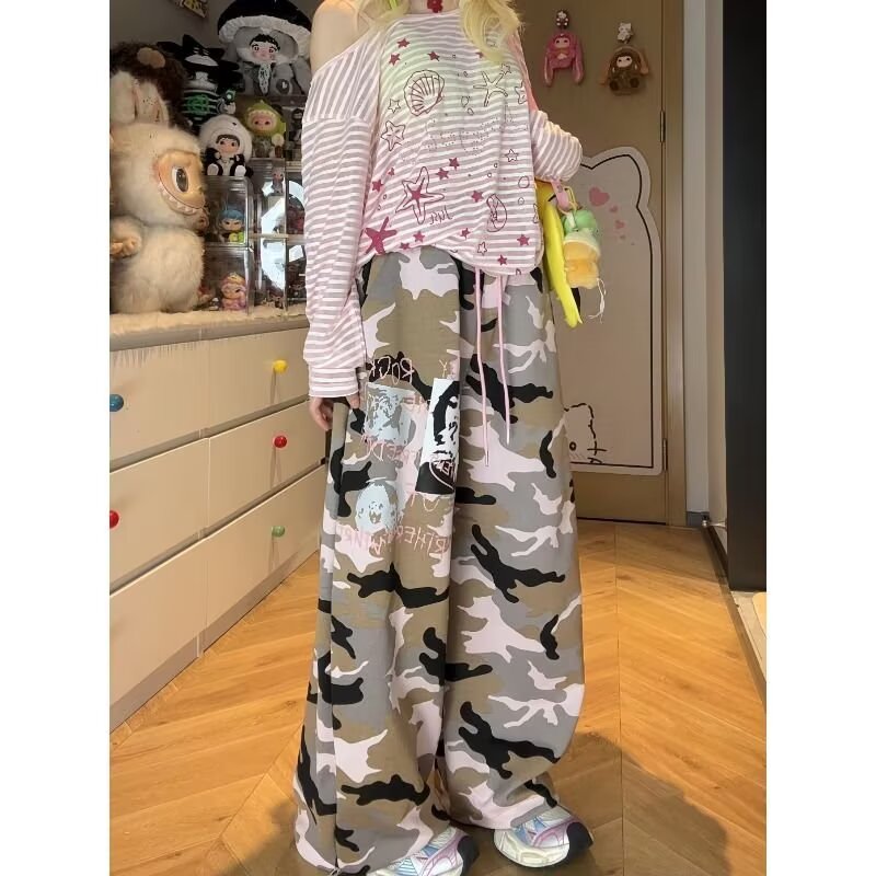设计感解构多口袋迷彩弯刀工装裤男女阔腿拖地休闲裤潮K8158P50,女装休闲裤,星座1013-3