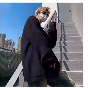 半拉链连帽毛衣男款秋冬季宽松慵懒风针织衫复古休闲外套M6516P55图片