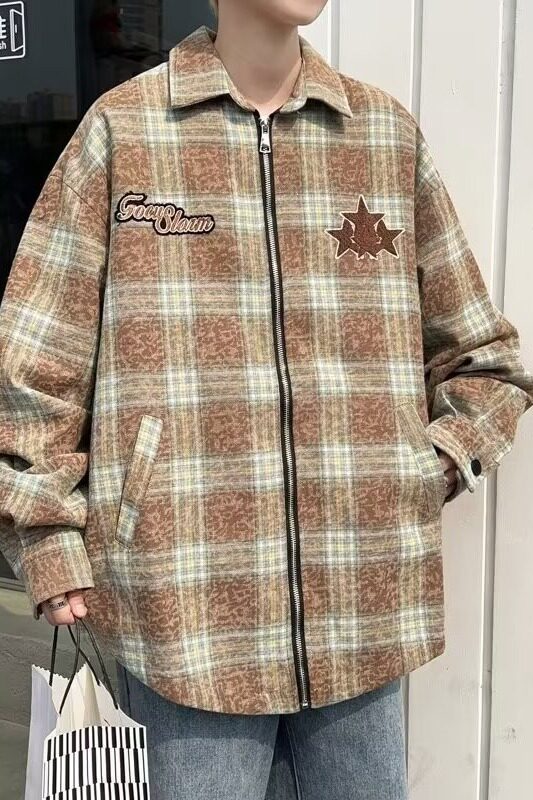 流行文艺美式高街刺绣格子外套男春秋气质ins潮流百搭JK901P58,男装夹克,星座1013-2