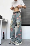直筒花卉印花破洞牛仔裤男夏季薄款透气做旧弹性弯刀裤NK729P50，男装牛仔裤，星座1013-2