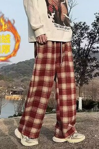 格子男秋冬加绒潮流复古宽松直筒美式垂感阔腿休闲长裤K870绒P50图片