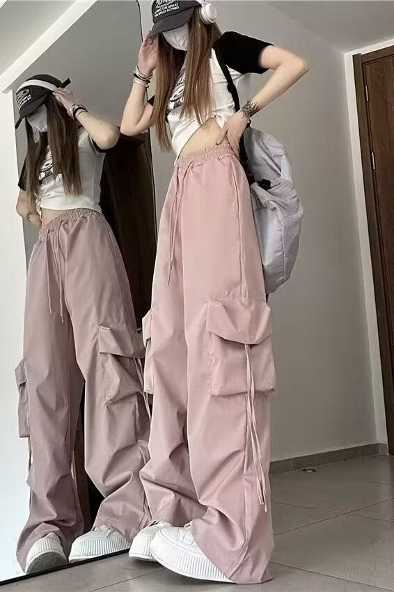 美式工装拖地休闲裤女夏季薄款高腰直筒裤子宽松阔腿长裤K798P45,女装休闲裤,星座1013-2