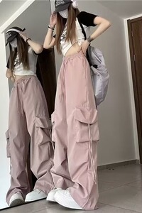 美式工装拖地休闲裤女夏季薄款高腰直筒裤子宽松阔腿长裤K798P45,粉色能搭配冷色吗图片