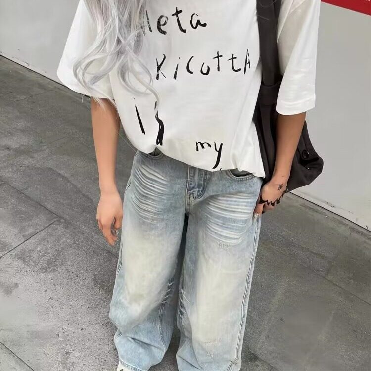 街头浅色做旧抓痕水洗牛仔裤大码女复古直拖地筒阔腿裤潮NK728P55，女装牛仔裤，星座1013-2