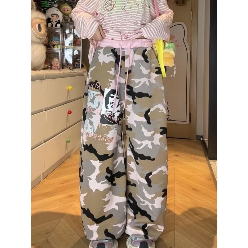 设计感解构多口袋迷彩弯刀工装裤男女阔腿拖地休闲裤潮K8158P50,女装休闲裤,星座1013-3