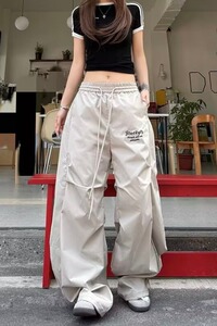 美式复古香蕉弯刀裤感褶皱伞兵工装裤男女阔腿宽松长裤K8017P45图片