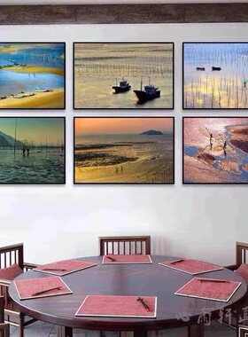 捕鱼图装饰画海鲜餐厅装饰画酒楼酒店挂画渔船渔民捕鱼风景壁画