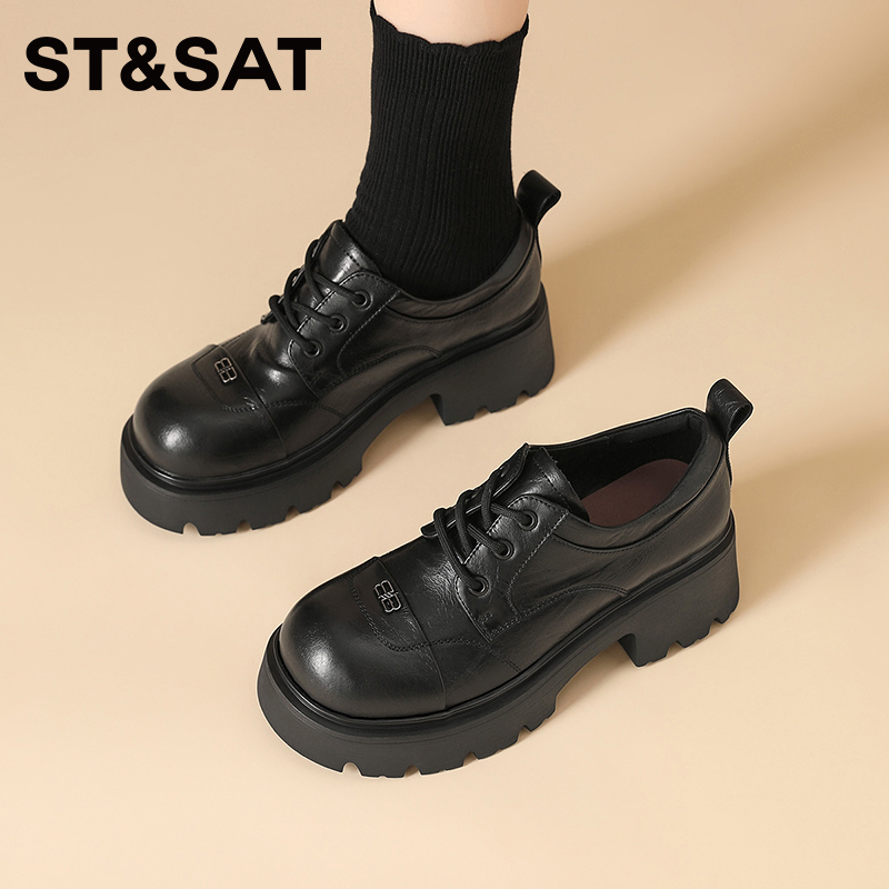 星期六厚底乐福鞋女2025新款秋冬加绒jk单鞋子女鞋增高黑色小皮鞋