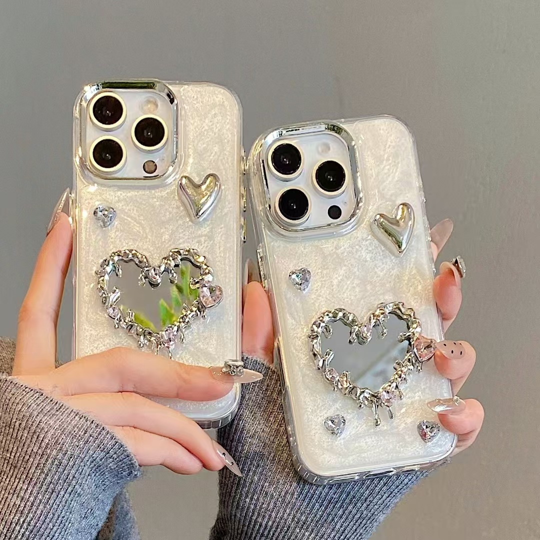 滴胶爱心化妆镜适用苹果17手机壳iPhone15防摔14promax潮款13/12