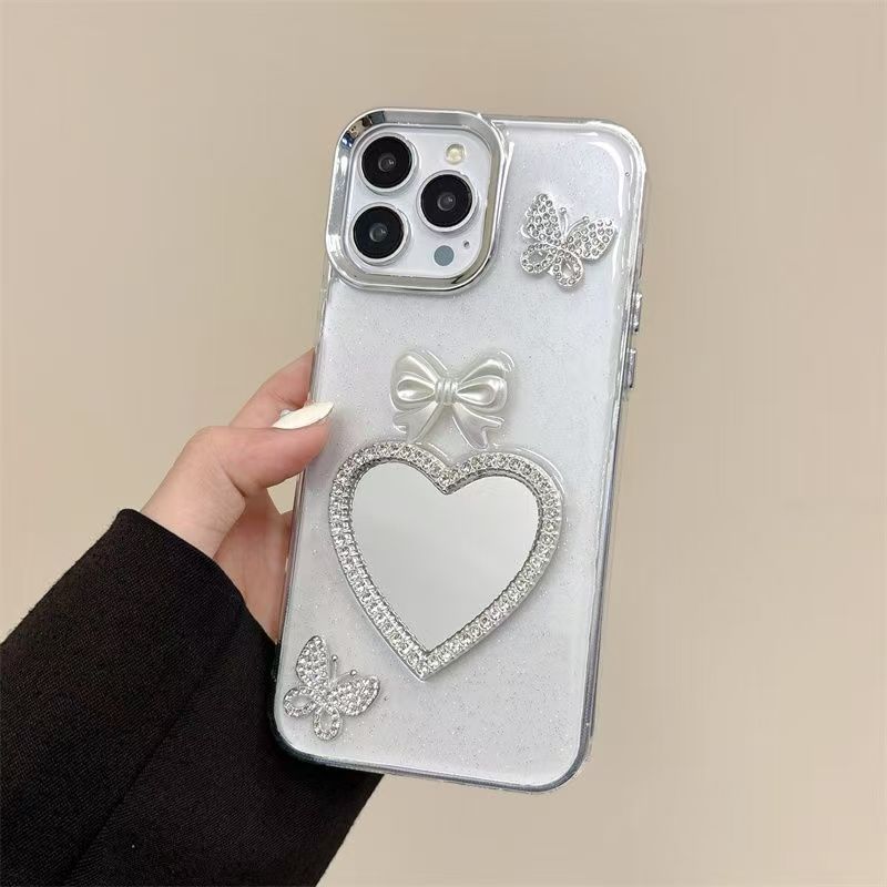 ins滴胶闪粉爱心补妆镜iPhone17promax苹果14手机壳13全包12女11