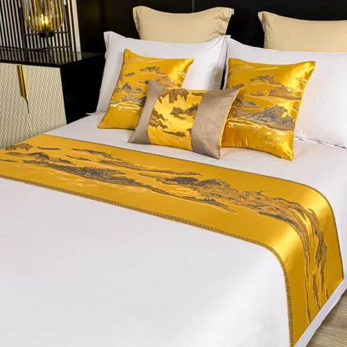 新中式床旗床尾巾抱枕酒店高端轻奢纹理山水画国风床尾巾搭毯家用