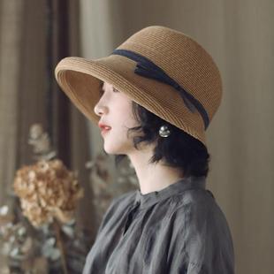 春夏季赫本风文艺简约遮阳帽女可折叠盆帽卷边渔夫帽子防晒太阳帽