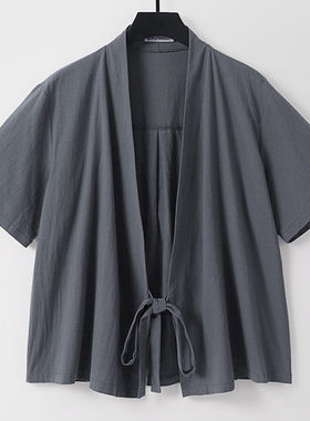 加肥加大码夏国风汉服男新款棉麻短袖开衫宽松居士服亚麻道服