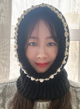 秋冬新款巴拉克拉法帽手工珍珠保暖毛线帽子围脖一体女护耳针织帽