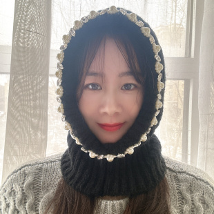 秋冬新款巴拉克拉法帽手工珍珠保暖毛线帽子围脖一体女护耳针织帽