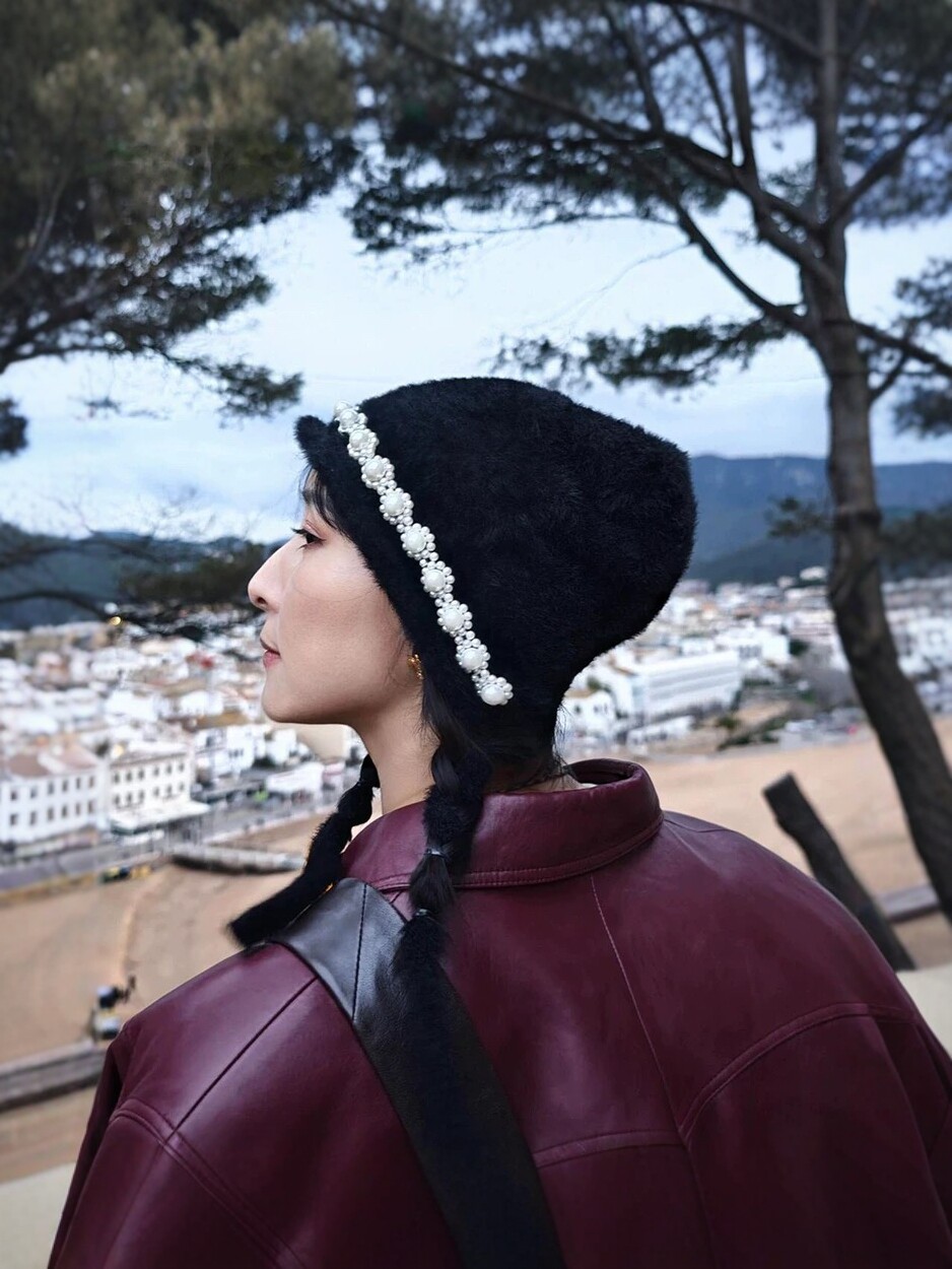 胡静同款原版手工珍珠装饰护耳仿貂绒黑色冷帽毛线帽针织秋冬保暖