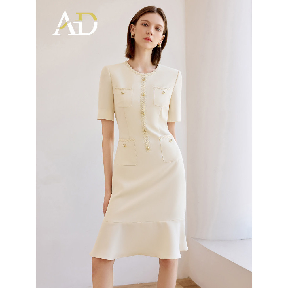 AD高端米白色小香风圆领连衣裙女夏新款短袖法式鱼尾裙通勤工作服