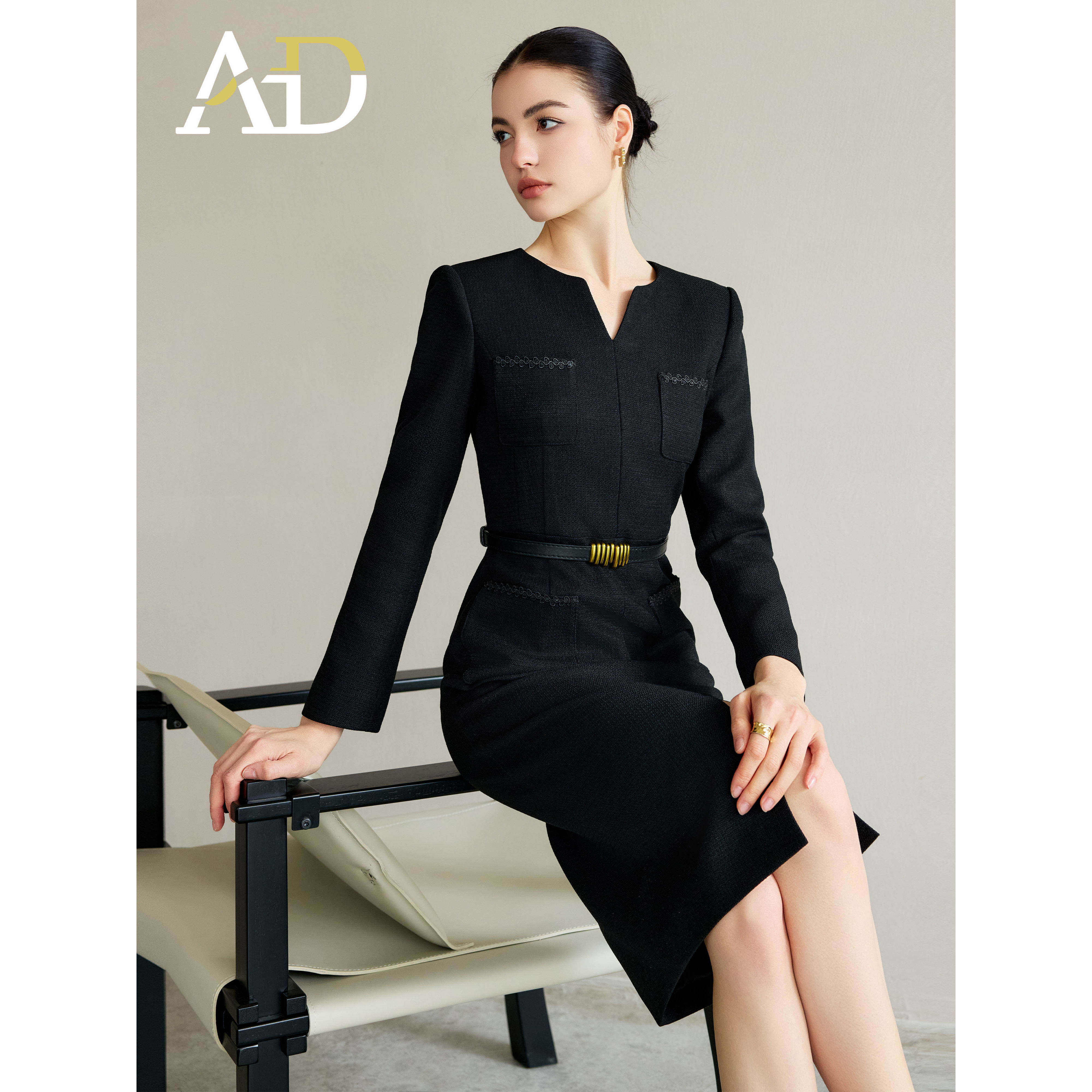 AD小香风连衣裙女气质开叉包臀裙2025新款黑色编织肌理感西服裙子