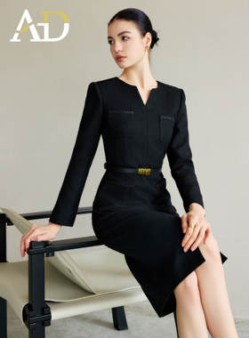 AD小香风连衣裙女气质开叉包臀裙2025新款黑色编织肌理感西服裙子