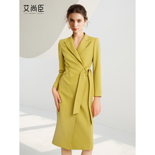 艾尚臣牛油果色高级感职业连衣裙女中长款西装裙收腰通勤正式场合