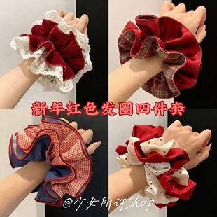 新年红色丝绒蕾丝双层大肠发圈女慵懒风丸子头超大气质发饰头绳