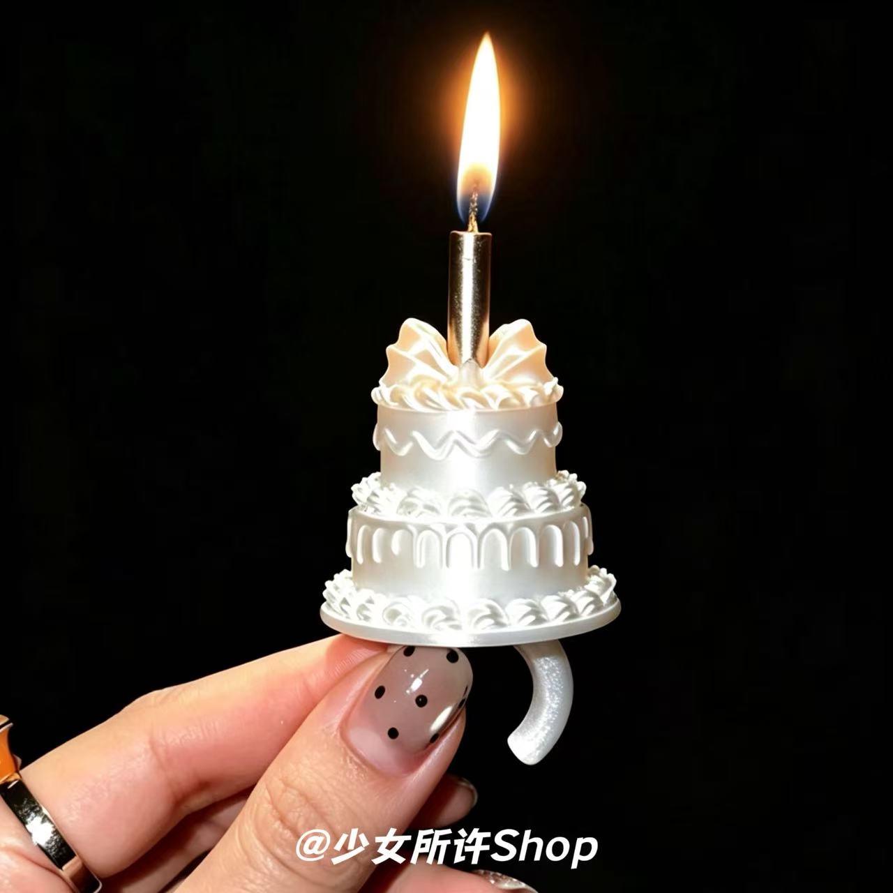 复古珠光蛋糕戒指蜡烛可点燃氛围感生日拍照道具小众趣味装饰指环