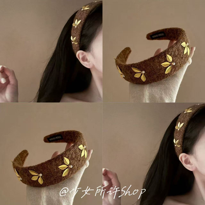 复古美拉德毛呢树叶宽边发箍