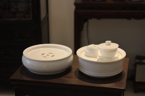 正高骨白瓷素白茶船 工夫茶盘 家用圆形直身8寸储水陶瓷茶海茶池