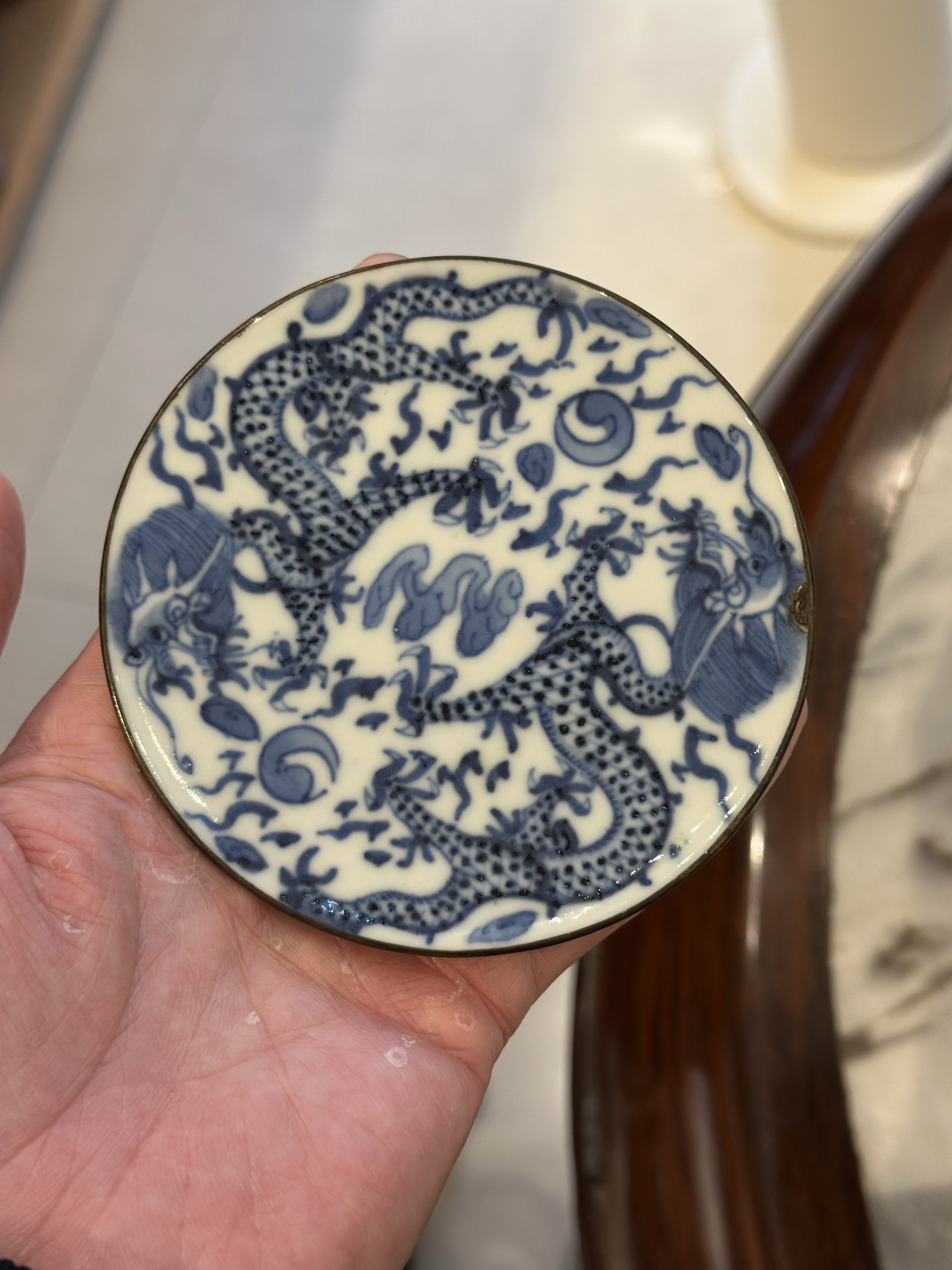 清代召坤福记青花龙纹小壶承 双龙戏珠老茶器茶托小碟 晚清老瓷器