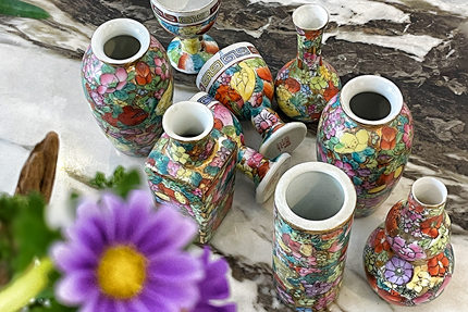 广彩花瓶 70年代潮州出口创汇陶瓷器 手彩小净瓶胆瓶 小白酒杯
