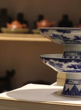 清供盘青花瓷高足茶桌老瓷器