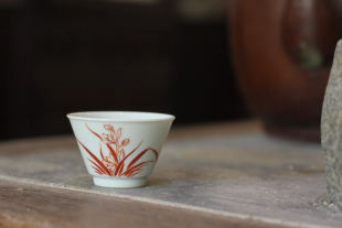 若深珍藏矾红兰草茶杯 景德镇复刻版工夫茶小杯子 陶瓷功夫茶杯